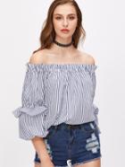Shein Navy And White Striped Off The Shoulder Lantern Sleeve Top