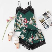 Shein Floral Print Lace Trim Cami Top & Shorts Pj Set