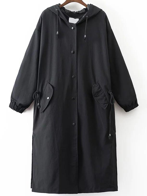 Shein Black Letter Embroidery Drawstring Hooded Long Coat