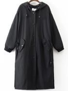 Shein Black Letter Embroidery Drawstring Hooded Long Coat