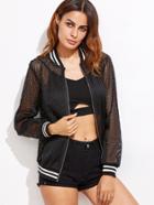 Shein Black Striped Trim Mesh Bomber Jacket With Bralet