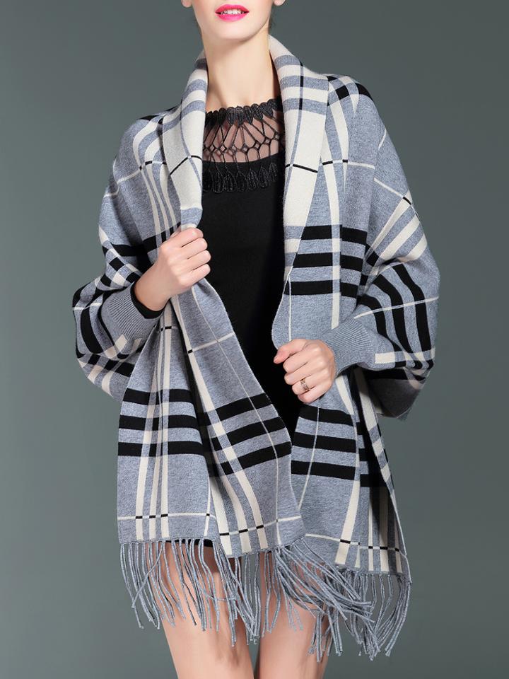 Shein Grey Color Block Tassel Cardigan