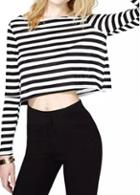 Rosewe Long Sleeve Round Neck Striped Crop Top