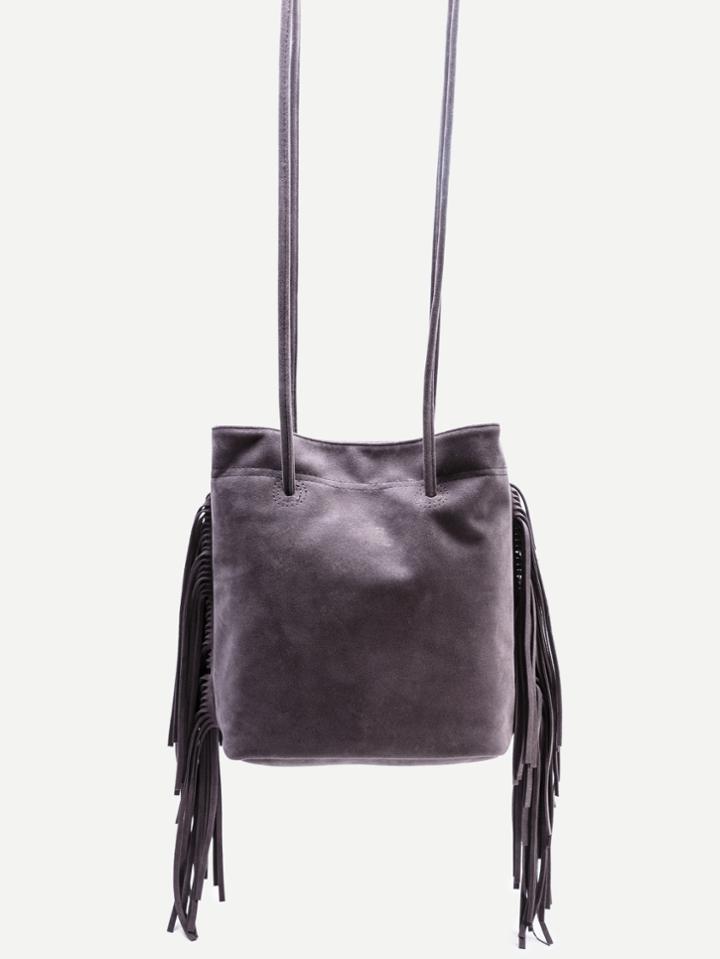 Shein Grey Faux Suede Fringe Tassel Bucket Bag