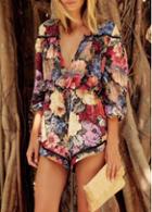Rosewe Plunging Neck Flower Print Long Sleeve Loose Romper