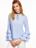 Shein Blue Tiered Bell Sleeve Keyhole Back Blouse