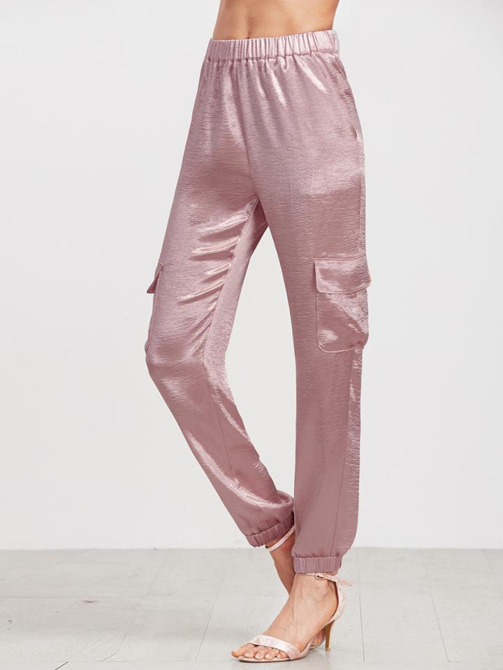 Shein Pink Elastic Waist Satin Sweatpants