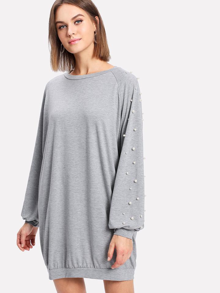 Shein Pearl Beaded Raglan Marled Sweatshirt Dress