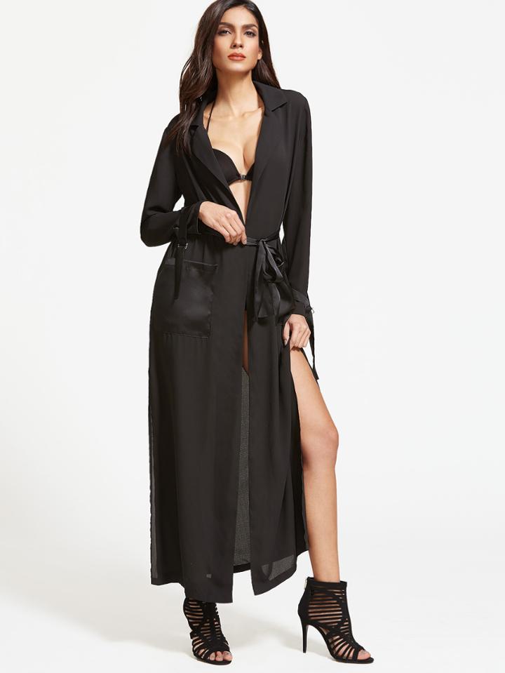 Shein Black Belted Cuff Pocket Front Side Slit Wrap Coat