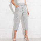 Shein Cuffed Leg Belted Pinstripe Pants