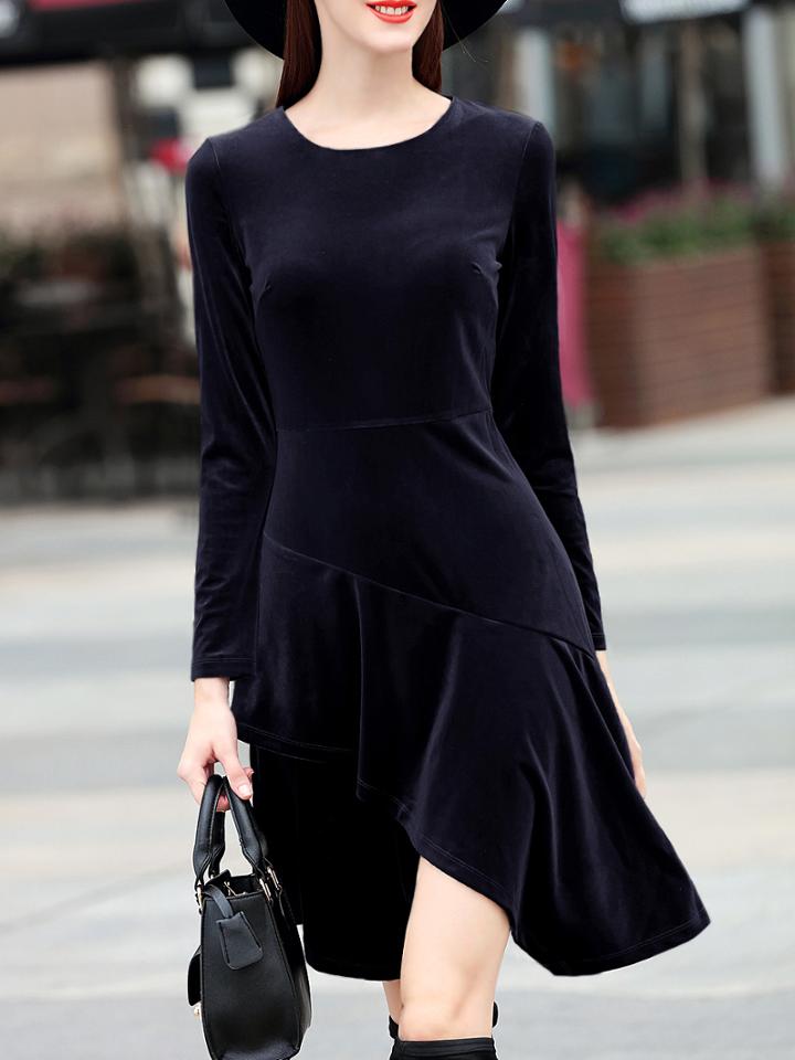 Shein Black Crew Neck Velvet High Low Dress