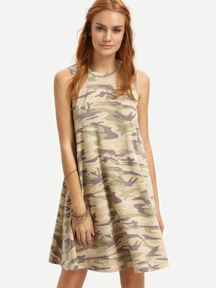 Shein Camouflage Crew Neck Sleeveless Shift Dress
