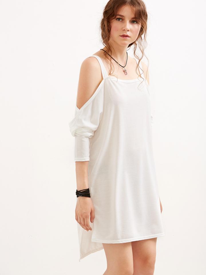 Shein White Cold Shoulder Slit Side High Low Dress