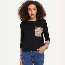 Shein Long Sleeve Tee With Geo Cuff And Pocket