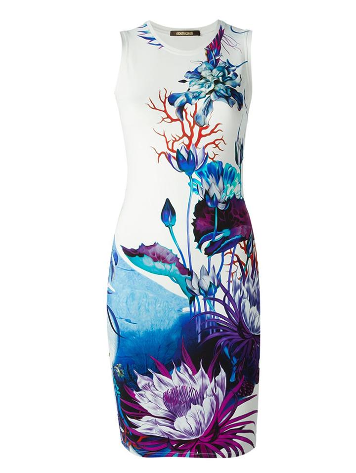 Shein White Round Neck Sleeveless Floral Print Bodycon Dress