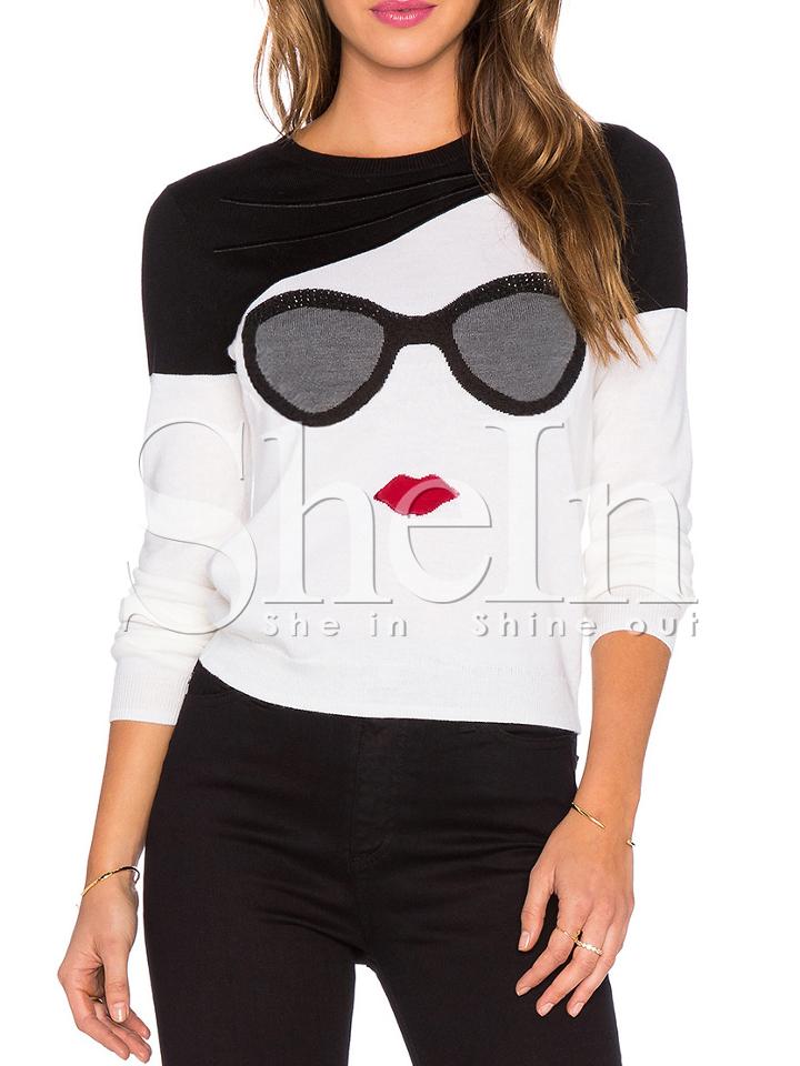 Shein Black White Long Sleeve Glasses Print Sweater