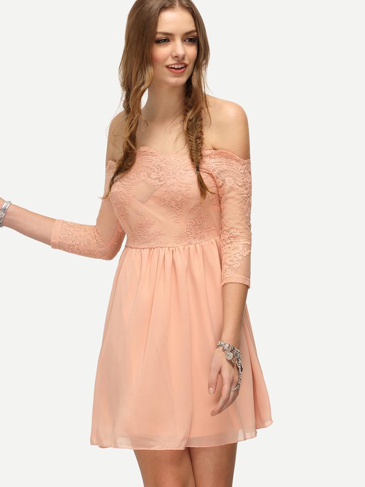 Shein Pink Off The Shoulder Crochet Lace Dress