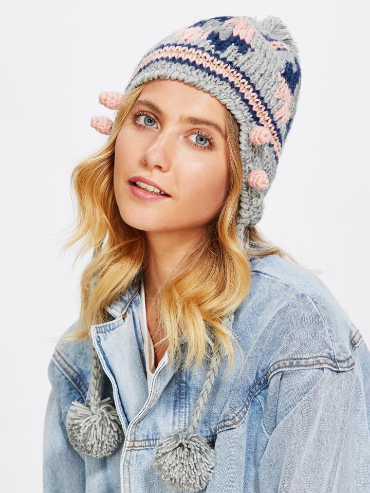 Shein Braided Detail Pom Pom Beanie