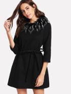 Shein Detachable Faux Fur Collar Belted Dress