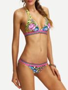 Shein Bloom & Leopard Print Halter Bikini Set