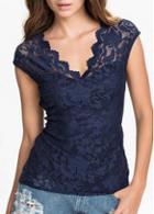 Rosewe Lace Cap Sleeve V Neck Blue Top