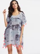 Shein Grey Ink Print Fringe Trim Chiffon Dress