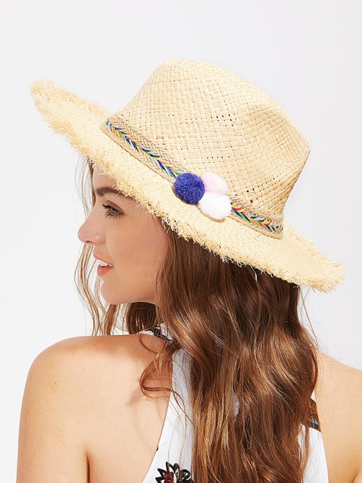 Shein Pom Pom Detail Straw Fedora Hat