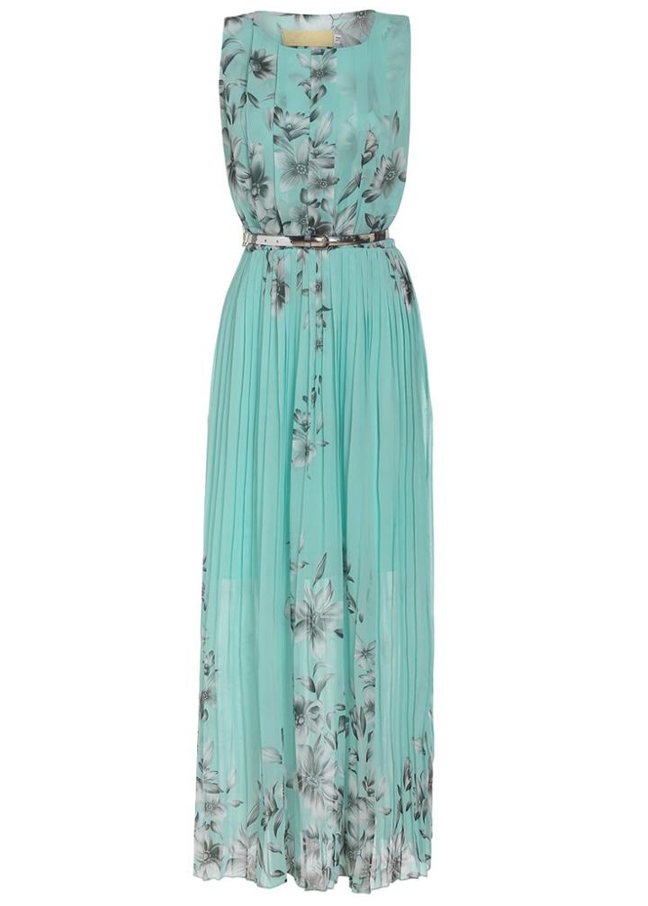 Shein Aqua Sleeveless Hibiscus Florals Pleated Green Drapery Dress