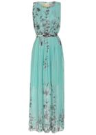 Shein Aqua Sleeveless Hibiscus Florals Pleated Green Drapery Dress