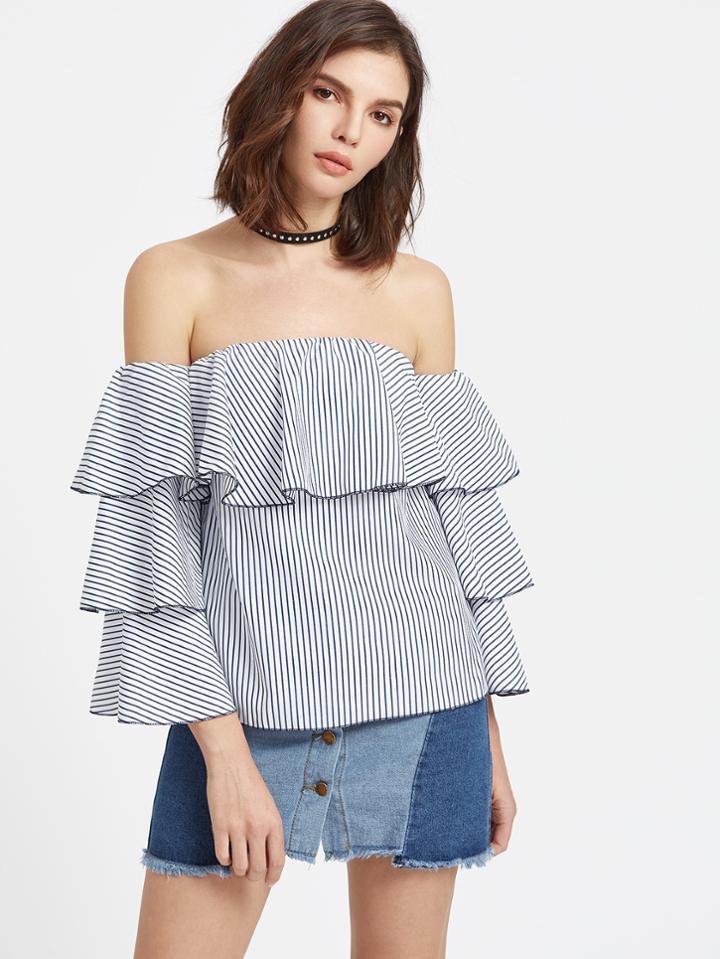 Shein Blue Striped Off The Shoulder Ruffle Trim Blouse