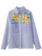 Shein Blue White Stripe Pockets Flowers Embroidery T-shirt