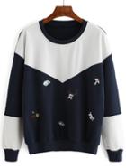 Shein Color-block Deer Embroidered Loose Sweatshirt