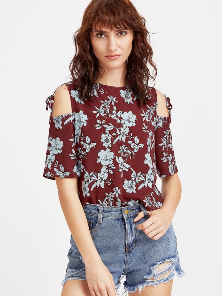 Shein Burgundy Flower Print Tied Cold Shoulder Top