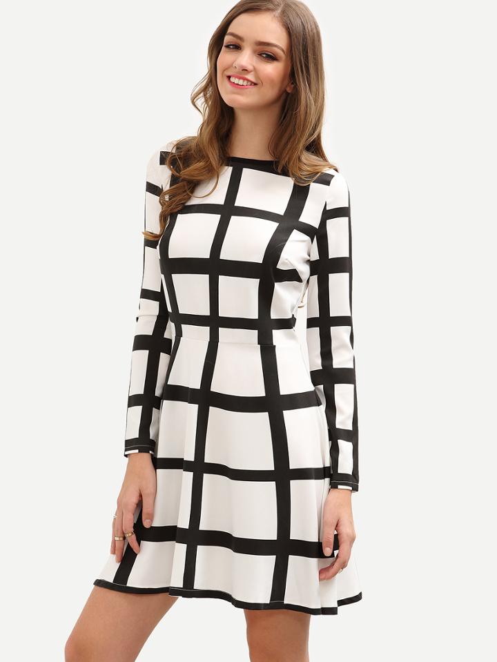 Shein Black White Grid Long Sleeve Dress