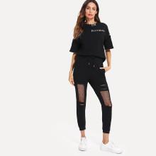 Shein Letter Print Top & Mesh Contrast Drawstring Pants