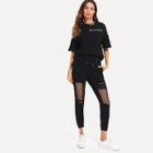 Shein Letter Print Top & Mesh Contrast Drawstring Pants