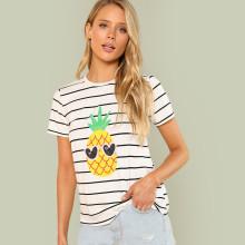 Shein Pineapple Print Striped Tee