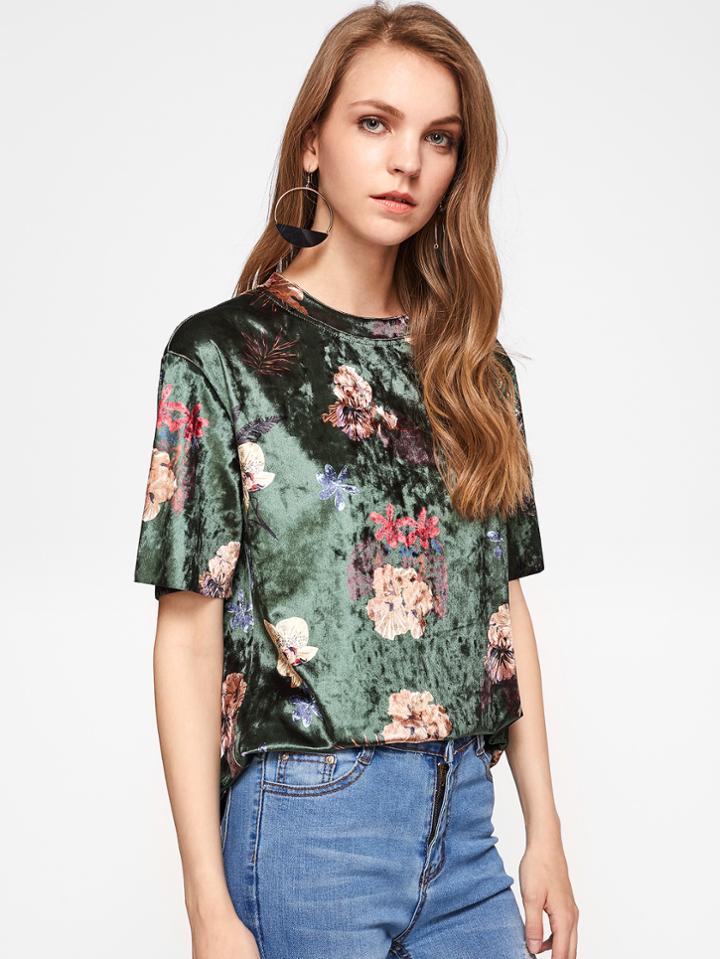 Shein Flower Print Velvet T-shirt