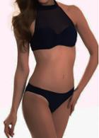 Rosewe Two Piece Halter Meshy Neck Black Swimwear