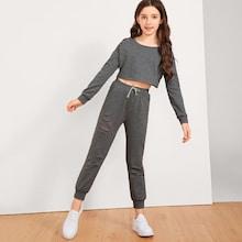 Shein Girls Cut Out Front Top & Drawstring Waist Pants Set