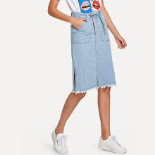 Shein Raw Hem Tie Waist Split Denim Skirt