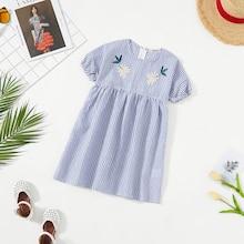 Shein Girls Flower Embroidery Pinstripe Dress