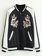 Shein Contrast Raglan Sleeve Flower Embroidery Flight Jacket