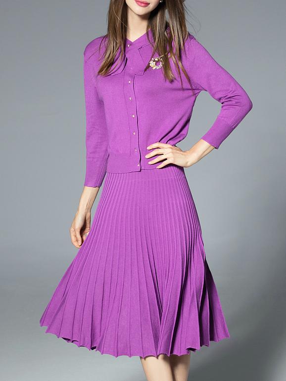 Shein Purple Knit Top With Pleated Skirt