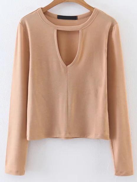 Shein Apricot Keyhole Long Sleeve Top