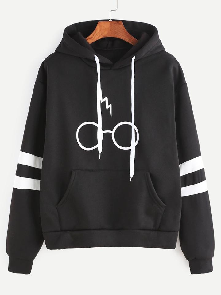 Shein Black Hooded Glasses Print Striped Sleeve Sweatshirt