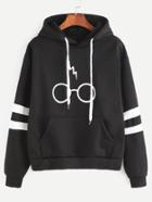 Shein Black Hooded Glasses Print Striped Sleeve Sweatshirt
