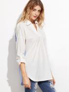 Shein White Striped Back Pointed Collar V Placket Blouse