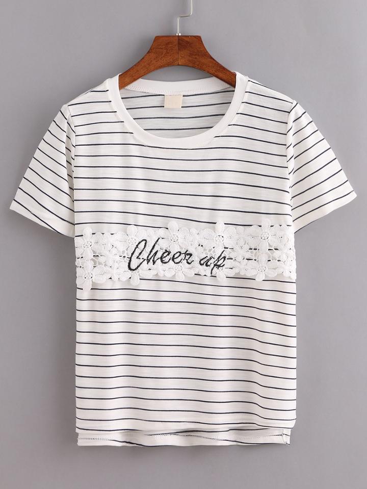Shein Lace Applique Striped T-shirt - Beige