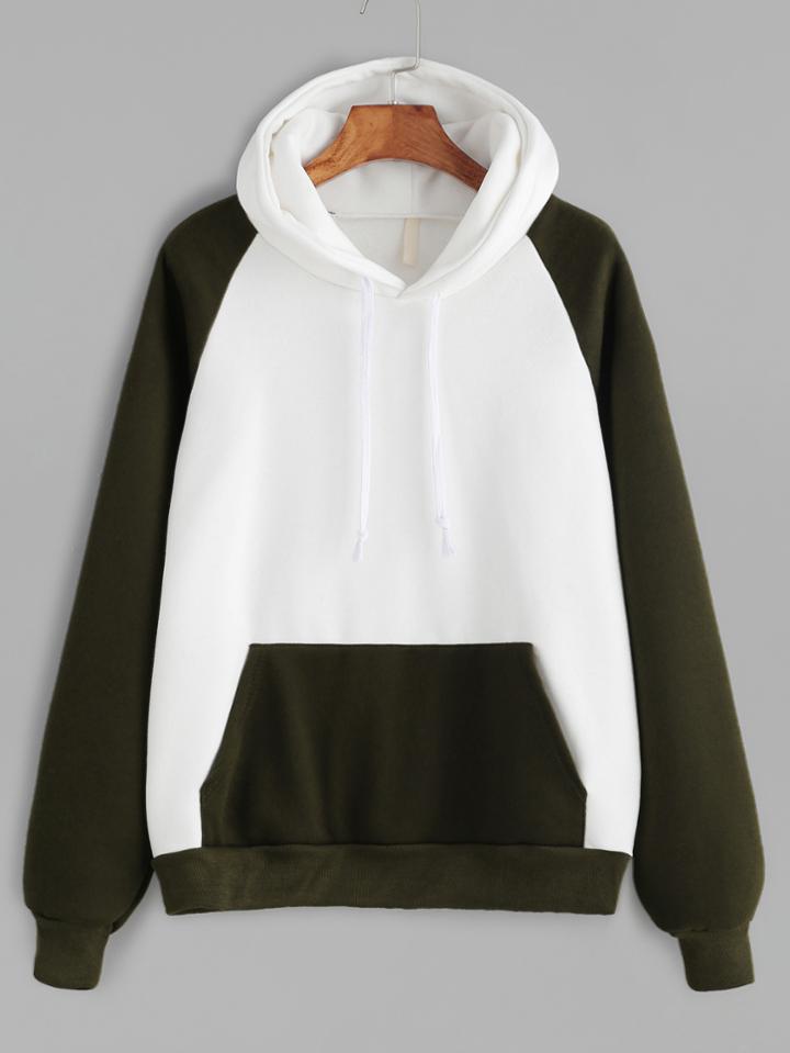 Shein Color Block Raglan Sleeve Pocket Hooded Sweatshirt